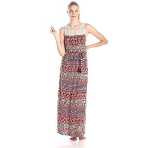 Lucky Brand Maxi Dress White Red Geometric Crochet
